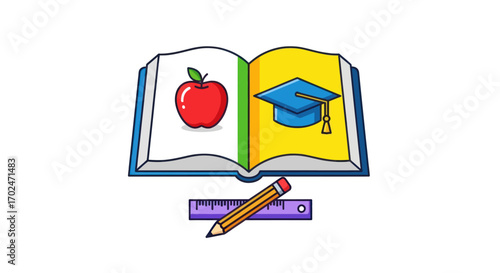 Open Book with Apple Graduation Cap Pencil and Ruler Illustration.