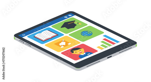 Isometric tablet computer displaying a colorful e-learning application with educational icons.