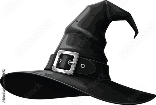 Isolated black witch hat with silver buckle on a white background