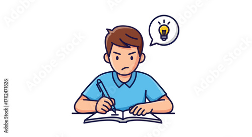 Cartoon Boy Writing with Pen and Having an Idea.