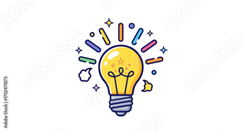 Cartoon Light Bulb with Colorful Sparkles and Bright Glow.