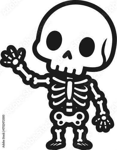 Cute cartoon skeleton waving hello on a clean white background