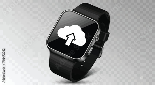 Vector illustration of smartwatch displaying a cloud upload icon, symbolizing data synchronization and cloud storage on a modern wearable device