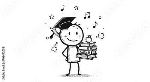 Cheerful stick figure graduate holding stack of books and pencil surrounded by musical notes and stars.
