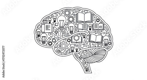 Intricate Brain Illustration Filled with Knowledge and Ideas.
