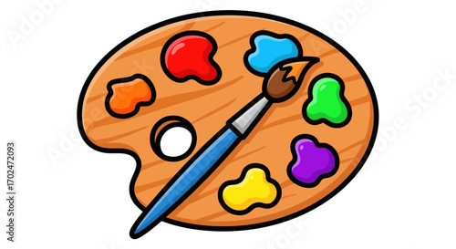 Cartoon Artists Palette with Colorful Paints and Brush.