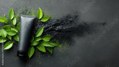 Dark cosmetic tube with green leaves and activated charcoal powder on dark background