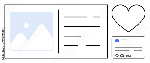 Digital post layout featuring picture placeholder, text blocks, heart outline, and engagement stats. Ideal for social media, marketing, advertising, branding, web design communication simple
