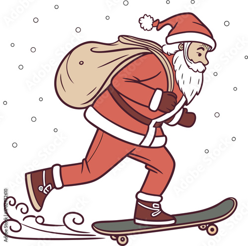 Detailed vector illustration of santa claus riding a sleigh through a snowy landscape