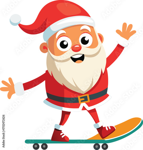 Funny cartoon santa claus character joyfully skating on a skateboard