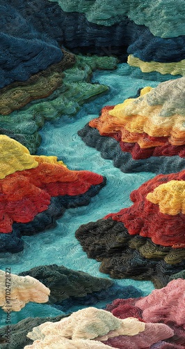 Abstract landscape, textured hills, flowing water