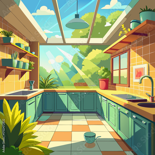 Bright airy modern kitchen with sunlight through skylights and tropical plants
