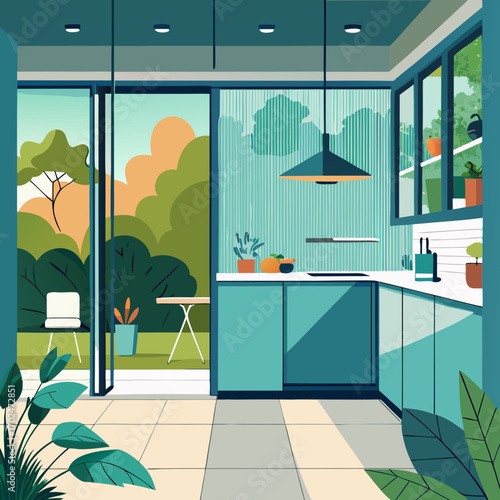 Modern flat vector kitchen design with large glass windows and greenery outside