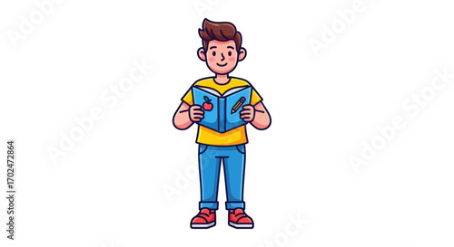 Smiling cartoon boy with brown hair in a yellow shirt and blue jeans standing and reading a book.