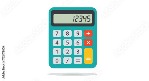 Flat design teal calculator with digital display showing numbers.