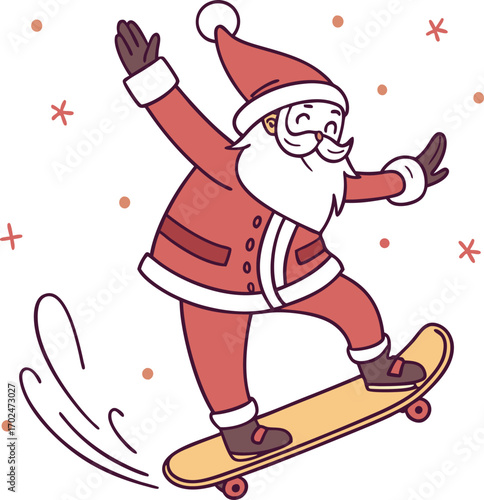 Funny cartoon santa claus ice skating on a skateboard with holiday elements
