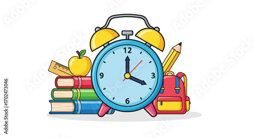 A vibrant cartoon alarm clock surrounded by school essentials: books a backpack a pencil and an apple.