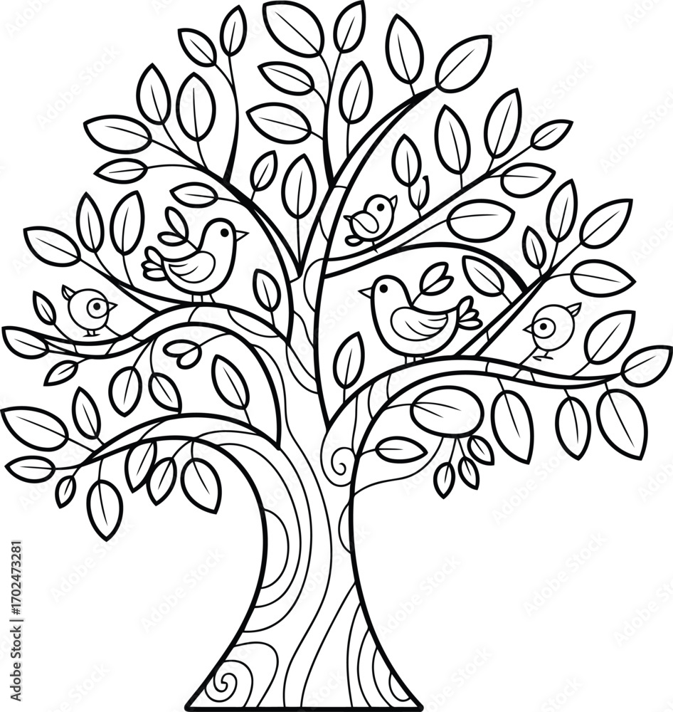 Obraz premium Whimsical hand drawn outline of a stylized tree with birds perched on its branches perfect for coloring pages and children s illustrations