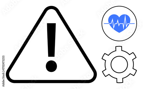 Exclamation mark triangle, blue heartbeat with health monitor line, cogwheel. Ideal for health safety, emergency, warning systems, technology maintenance, system alerts, medical apps simple landing
