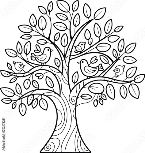 Whimsical hand drawn outline of a stylized tree with birds perched on its branches perfect for coloring pages and children s illustrations