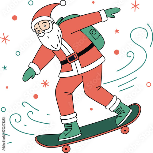 Modern flat vector illustration of santa claus riding a skateboard
