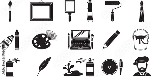 painting tools silhouette, art icon set, black and white creativity, minimalist studio vector, paintbrush clipart, palette and spray can graphic, artist equipment illustration, creative tool symbols, 