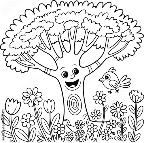 Happy cartoon tree with a smiling face surrounded by blooming flowers and a flying bird perfect for children s coloring pages and nature themes