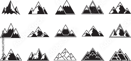 Mountain icon set – black silhouette illustrations of peaks, ridges, and snow-capped summits for outdoor branding, adventure design, and nature visuals.