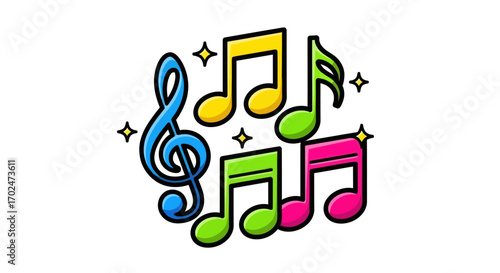 Colorful Cartoon Music Notes and Treble Clef.