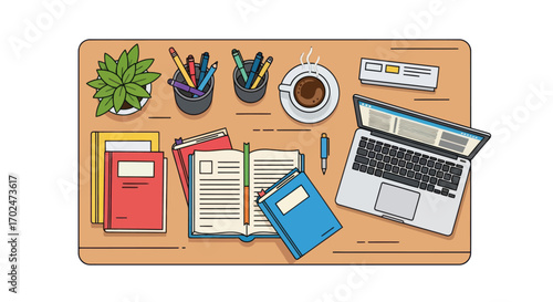 Organized Workspace with Books Laptop and Supplies.