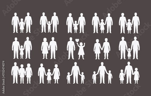 Family silhouettes vector collection with parents and children holding hands, symbolizing love, unity, togetherness, parenting, childhood, and relationships