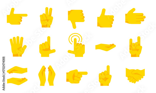 hand gestures, icons set. Collection with thumbs up and down, peace sign, pointing finger, handshake, rock sign and more.