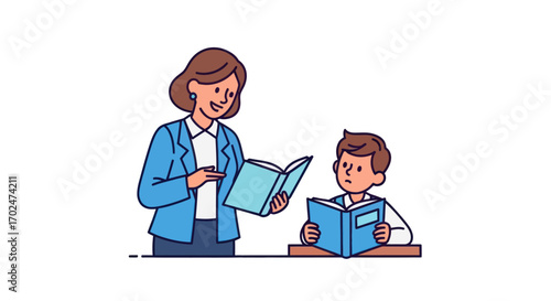 Teacher Guiding Student in Reading a Book.