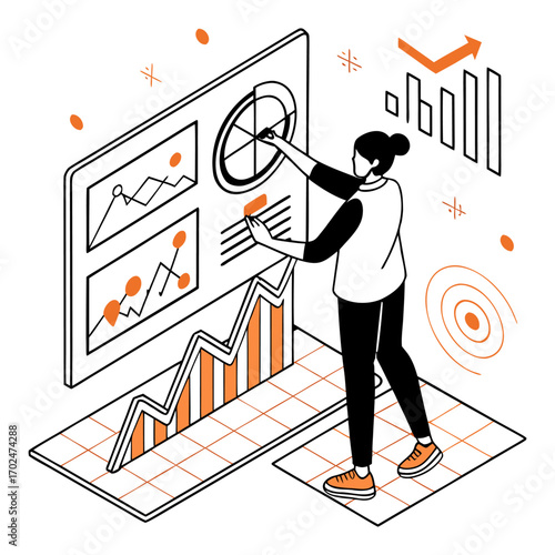 Woman analyzing data visualization on isometric screen, Insightful overview of business analytics dashboard with woman interacting with charts