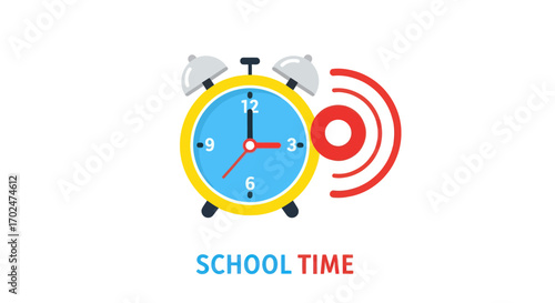 Vibrant cartoon alarm clock ringing signaling school time with text.