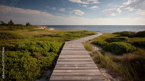 Wallpaper Mural Coastal Boardwalk Leading to Ocean, Scenic Landscape with Greenery and Sky, Serene Vacation Destination Torontodigital.ca