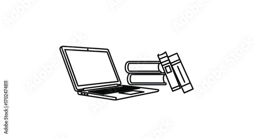 Simple Line Art Icon of Laptop and Stack of Books.