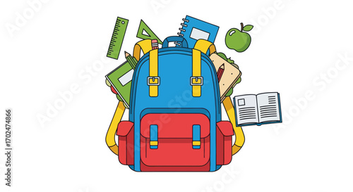 Colorful Backpack Filled with School Supplies and an Apple.