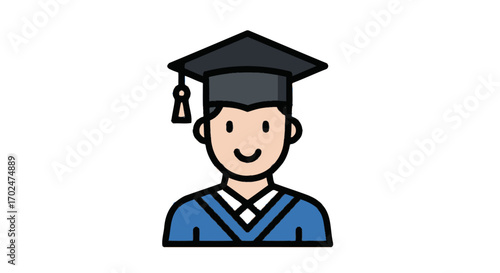Smiling Graduate Student Icon Wearing Cap and Gown.