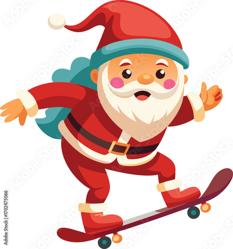 Whimsical santa claus illustration riding a skateboard with festive elements