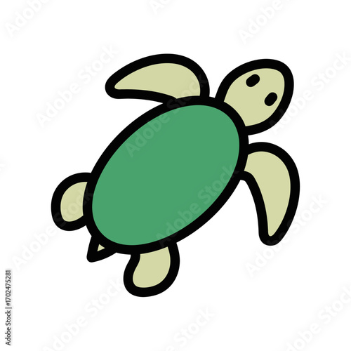 Green turtle swims calmly across bright background.