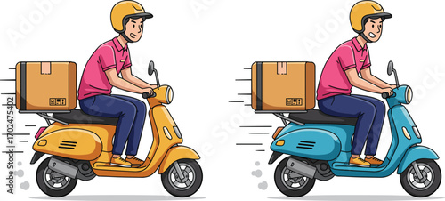 Cartoon delivery man riding scooter with parcel box, fast courier service illustration, express shipping concept, urban logistics vector art