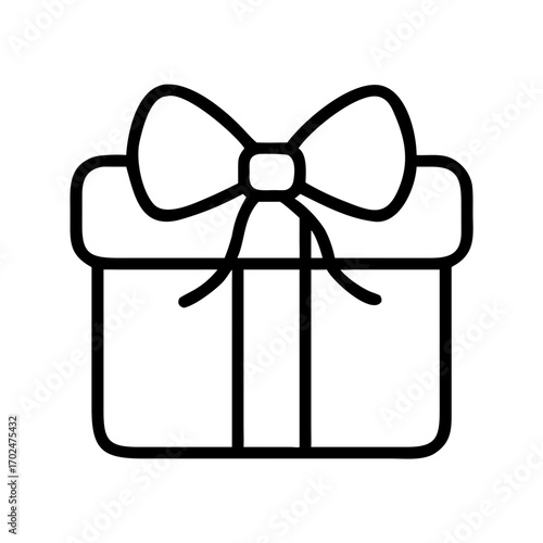 Outline gift box with ribbon bow, present concept. Black and white line icon for holiday celebration, birthday, Christmas, web design, app