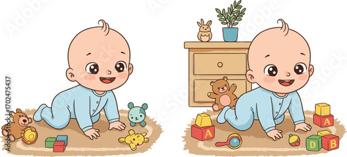 Cartoon baby crawling on carpet with toys, cheerful infant playtime scene, nursery interior illustration, child development and parenting concept