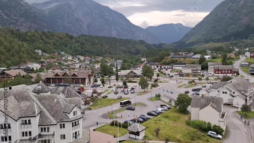 Eidfjord Norway Scenic View of a Picturesque Valley Town Amidst Towering Mountains