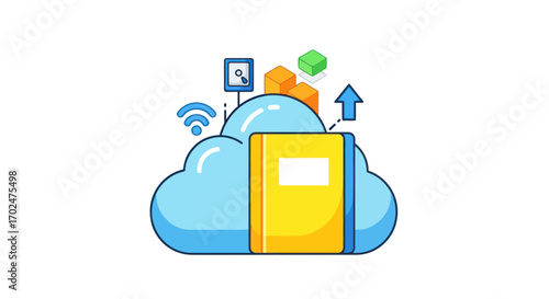 Digital Library Cloud Computing Concept with Book and Data Icons.