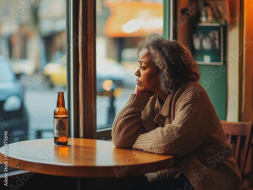 Lonely sad black aged mature woman sitting in cafe pub at a table looking by the window alone with a bottle of beer on a table