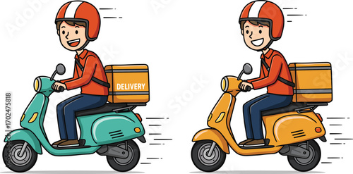 Cartoon delivery scooter rider with helmet and box, fast urban transport service illustration for food courier and logistics concept