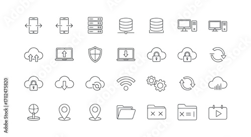 Vector illustration of set of technology and cloud service icons including data, security, and connectivity