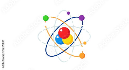 Colorful stylized atom model with orbiting electrons and central nucleus.